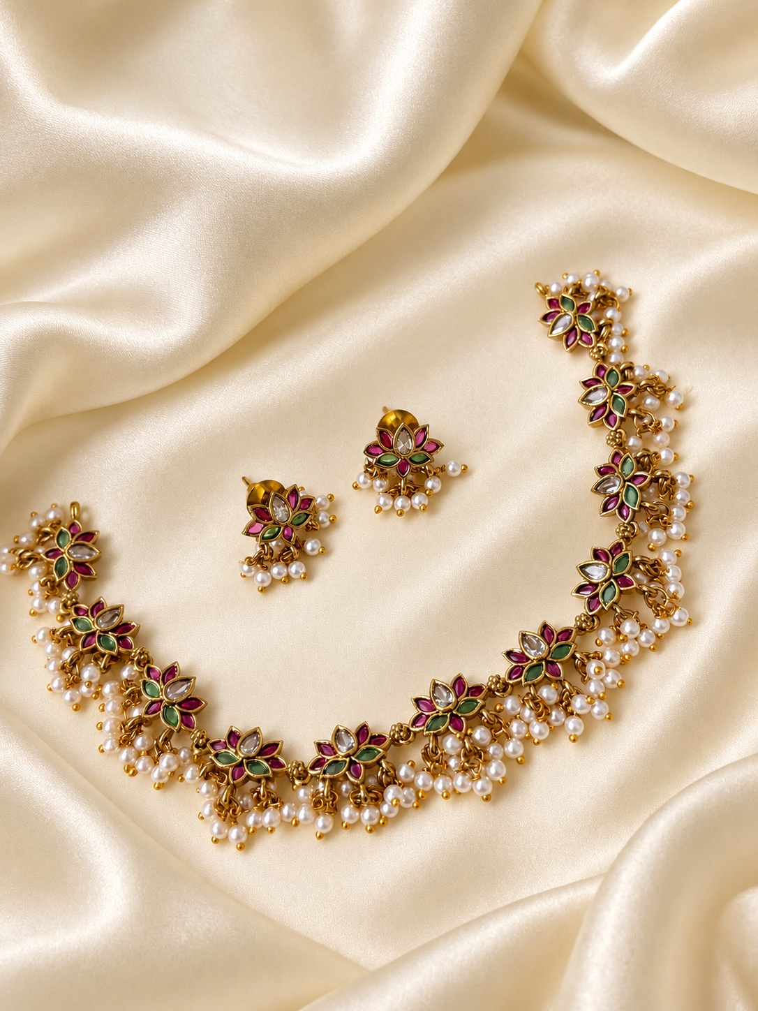 Saroja – Premium Lotus Kemp & CZ Necklace Set