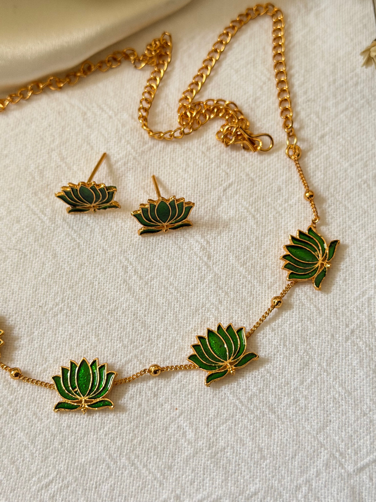 Kumudini - Enamel simple Lotus Necklace Set – Maroon & Green | Indian Jewellery Australia
