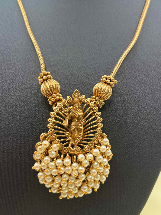 Govinda - Divine Krishna Pearl Cluster Necklace Set with Earrings | Traditional Indian Temple Jewellery