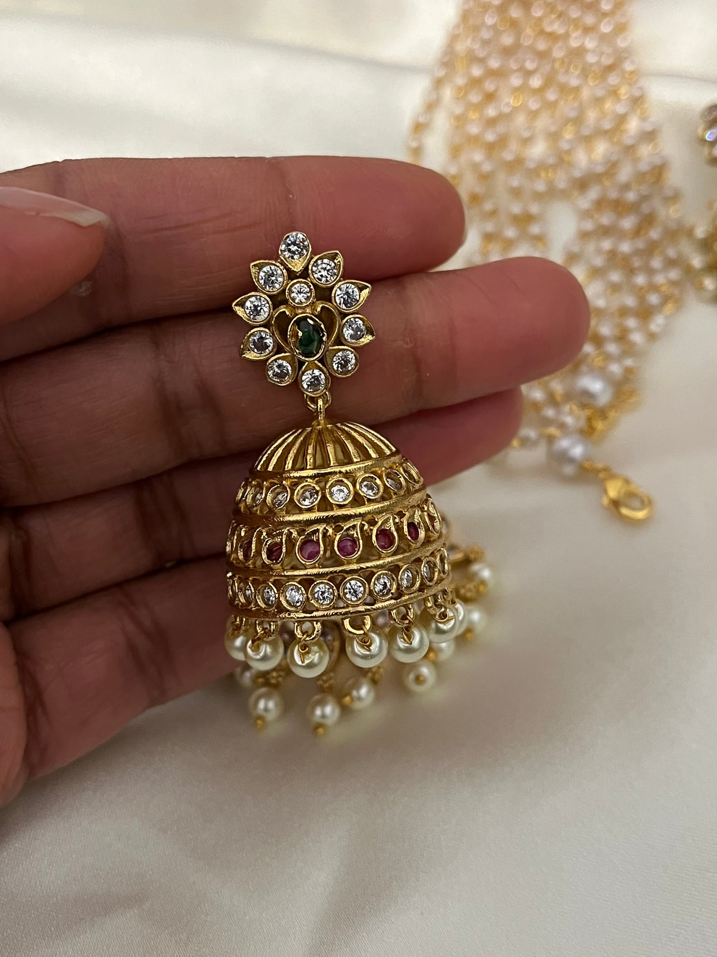 Prakruti - Two-Step Pendant Short Haaram Set | Multi-Strand Pearl style Necklace & Temple Jhumkas | Kundan & Kemp Work
