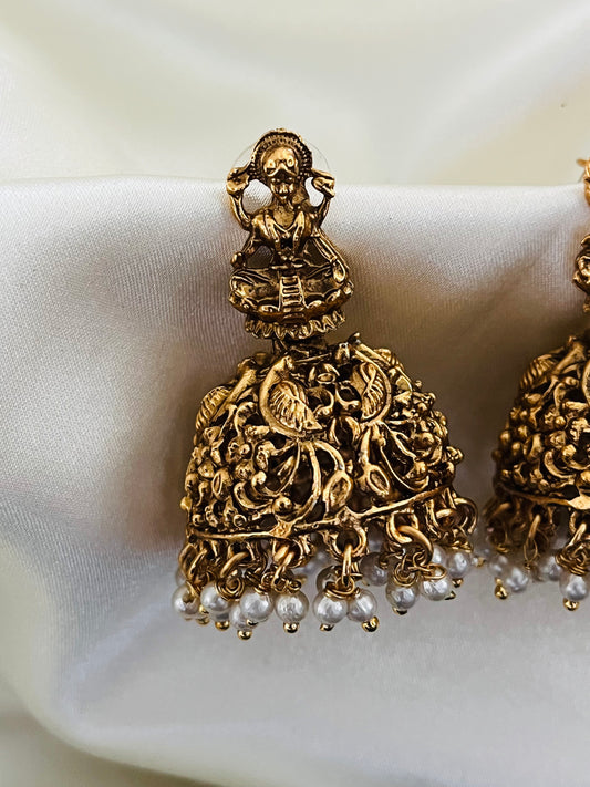 Anvitha – Temple Jhumka Earrings with Goddess Motif & Pearl Hangings