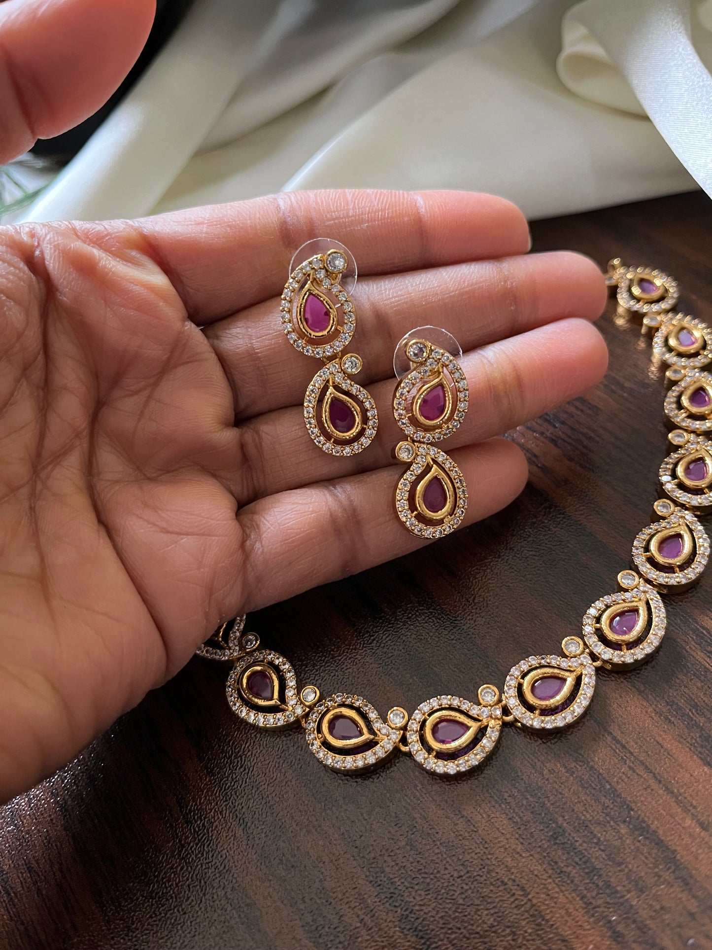 Miya - CZ Gold-Plated Ruby-Colored Paisley Necklace Set with Earrings