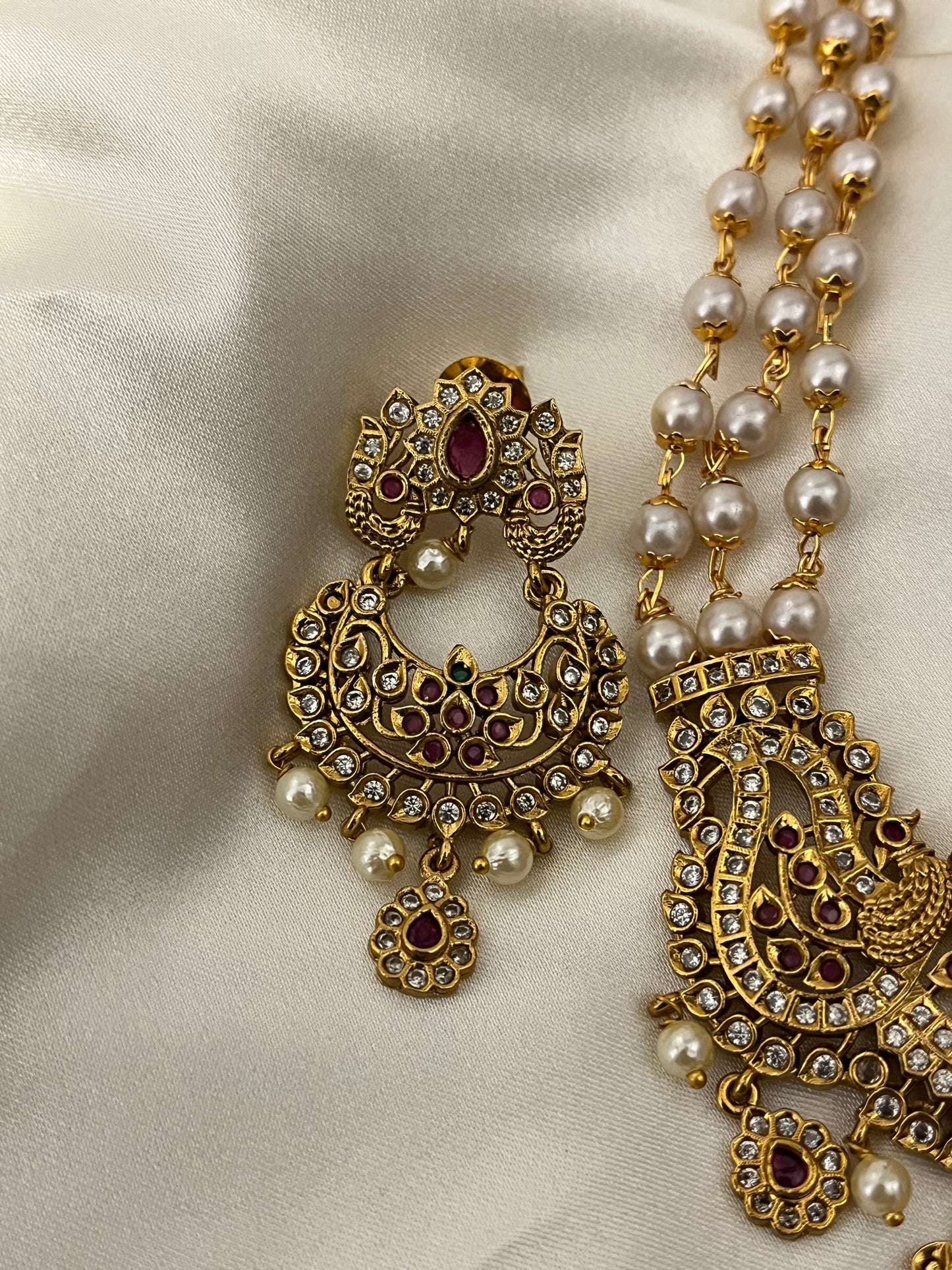 Rani Padmini - Antique Brass Gold Plated Haaram Set | Multi-Layer Pearl style Necklace & Chandbali Earrings | Premium Indian Bridal Jewellery
