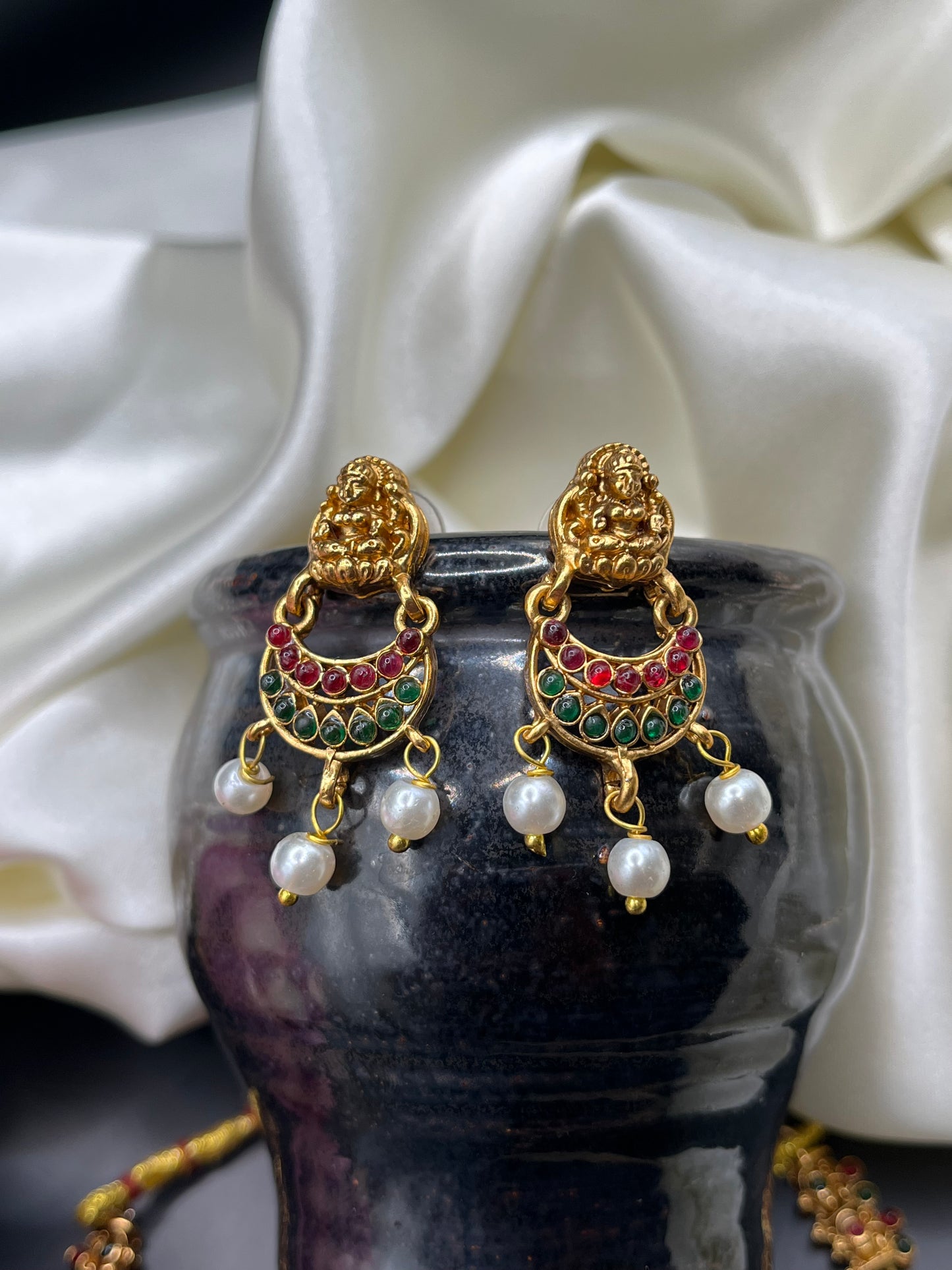Devasena - Temple Jewelry Necklace Set | Matt Gold Lakshmi Choker with Pearls