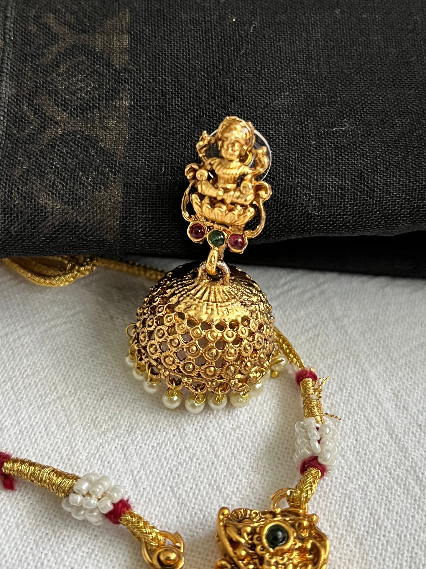 Padmavati Royal Lakshmi Temple Jewellery Set – Antique Gold Bridal Necklace haaram, Choker & Jhumkas
