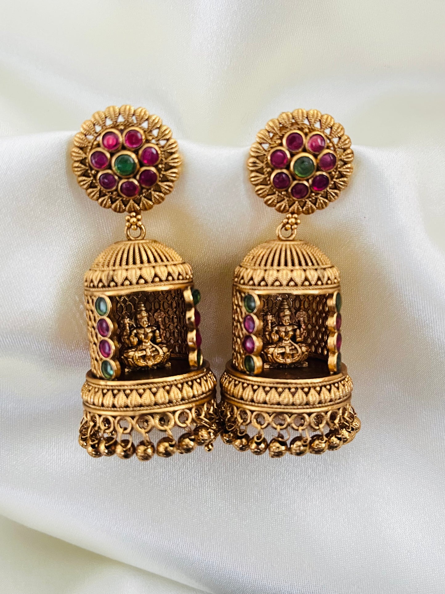 Sampurna – Lakshmi Temple Jhumka Earrings with Ruby & Emerald Accents