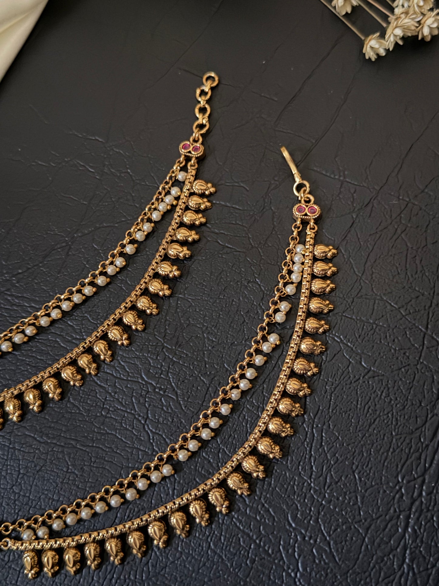 Mihira - Antique Gold-Tone Pearl Sahara Ear Chain & Mattal Set