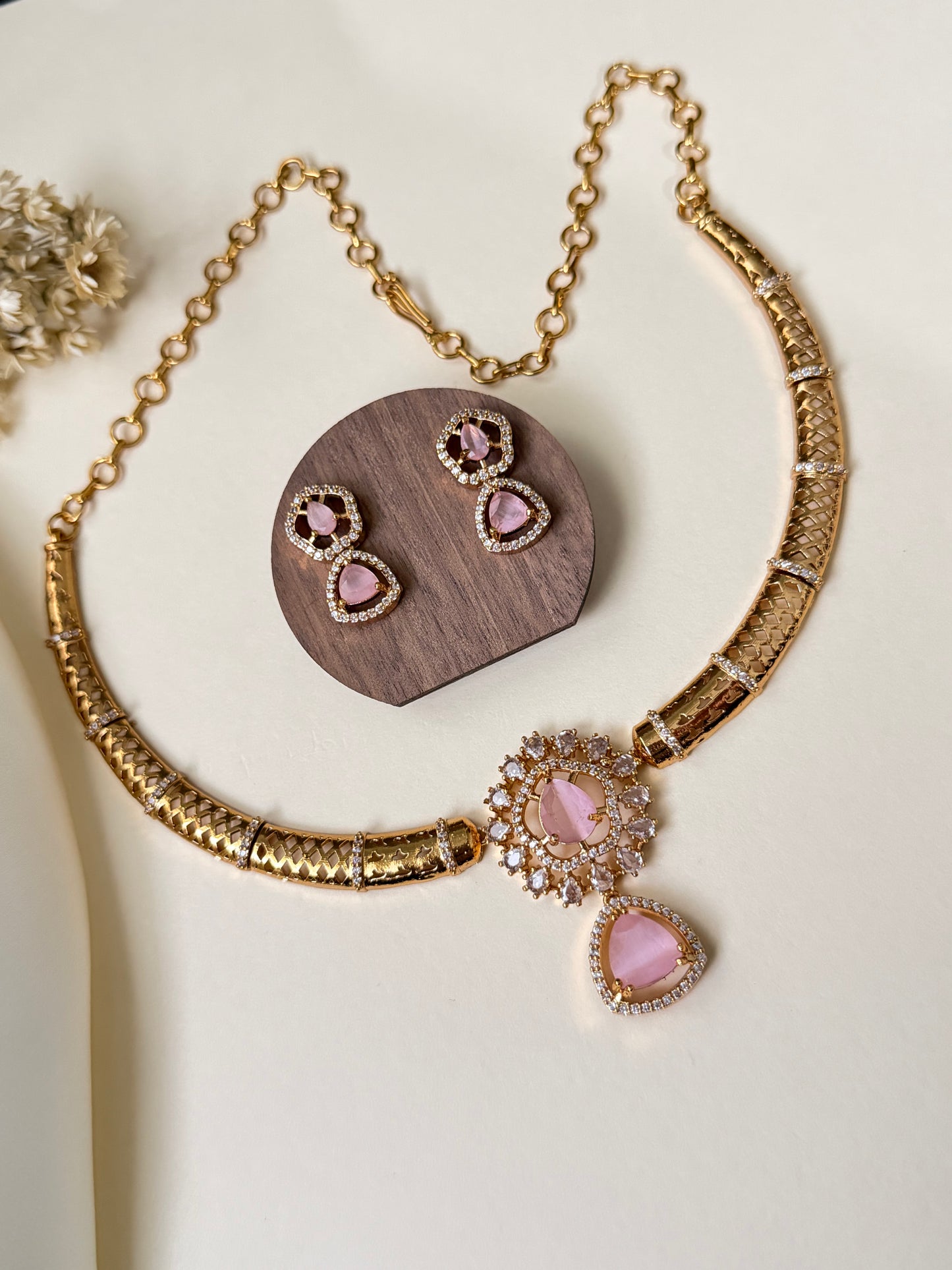 Ravina - Ruby Red CZ Hassle Necklace Set with Matching Earrings