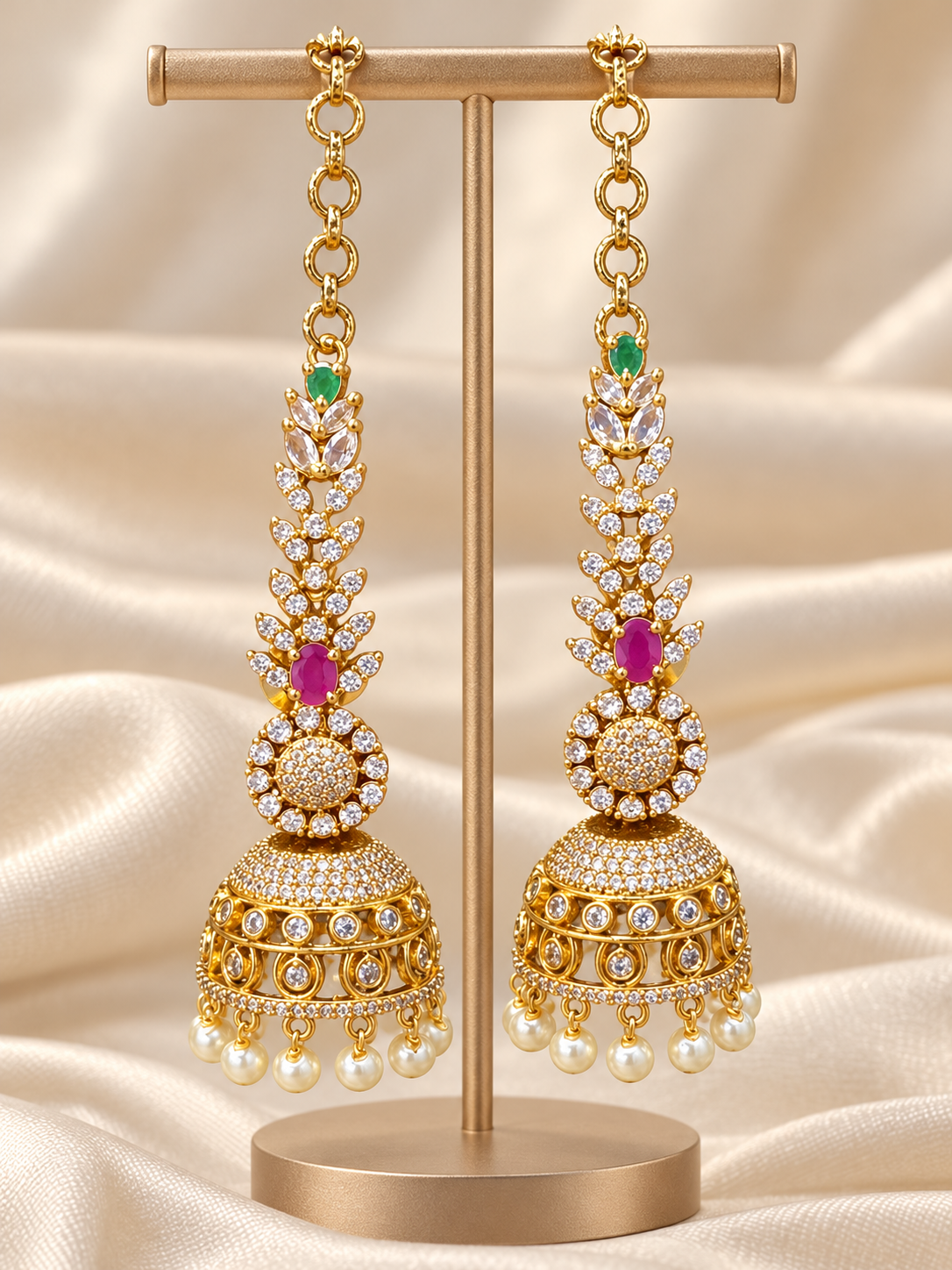 Madhavi V1 – CZ Jhumka Earrings with Straight Mattal Ear Chain