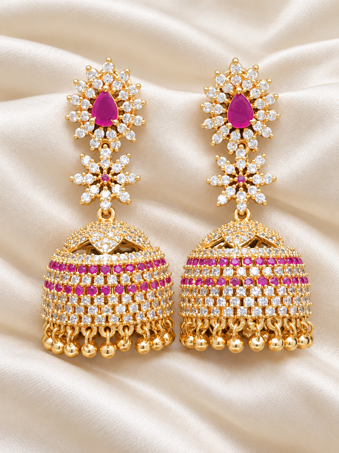 Rajashree V2 - Grand Jhumka Earrings | Micro Gold-Plated Earrings with Pink and Clear Stones