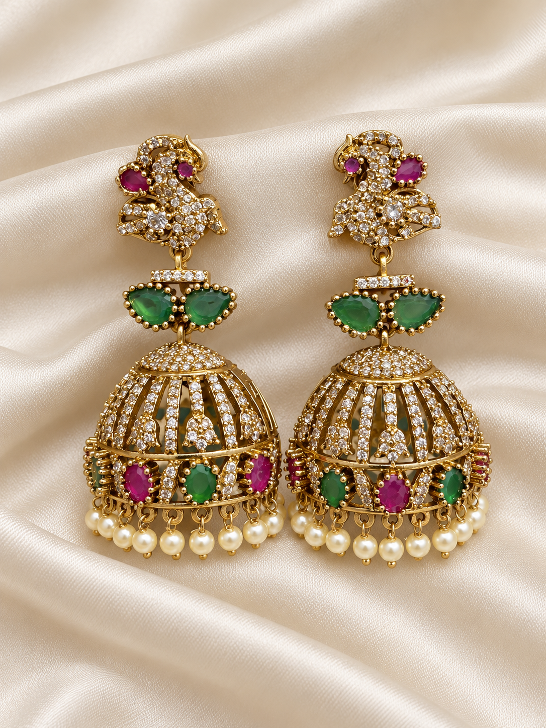 Indrani – Multicolour Peacock Jhumka Earrings | Antique Gold Indian Earrings Australia