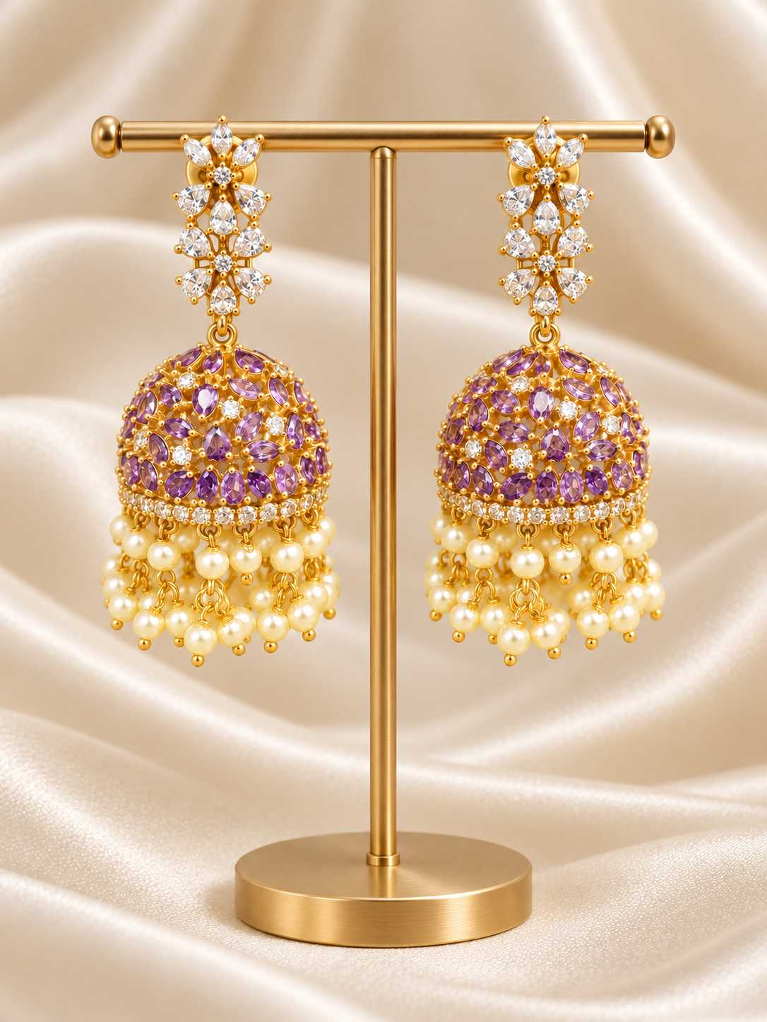 Kamya – Purple Stone Jhumka Earrings | Pearl Drop Indian Earrings Australia