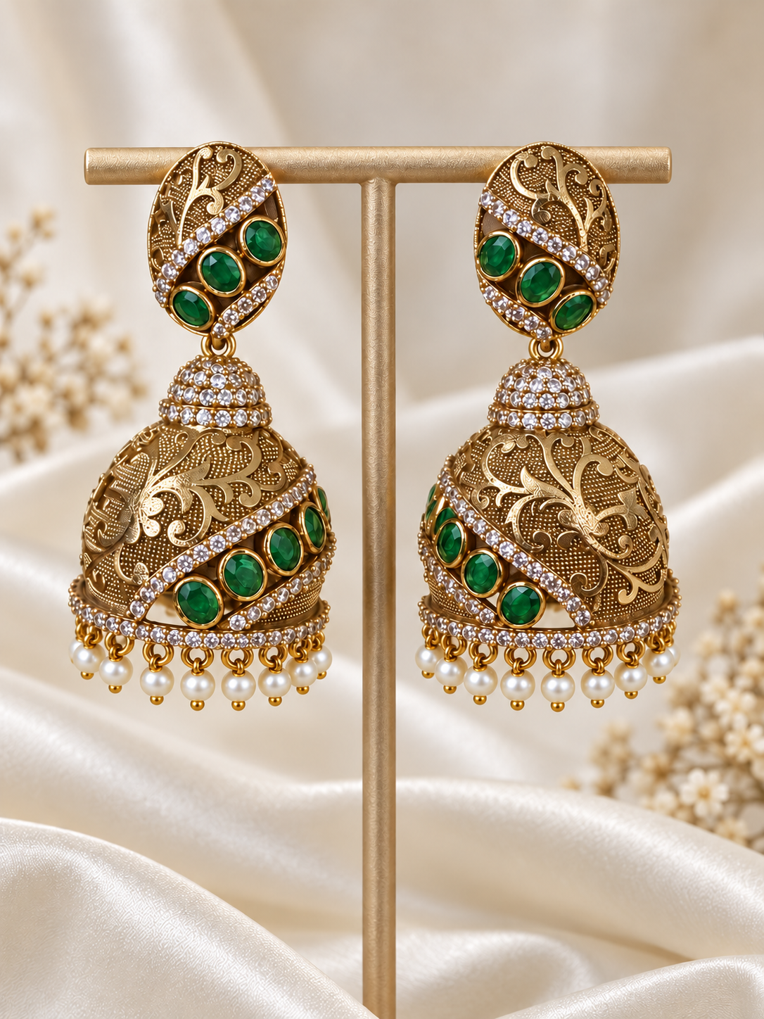 Deepika – Green Stone Jhumka Earrings | Antique Gold Indian Earrings Australia