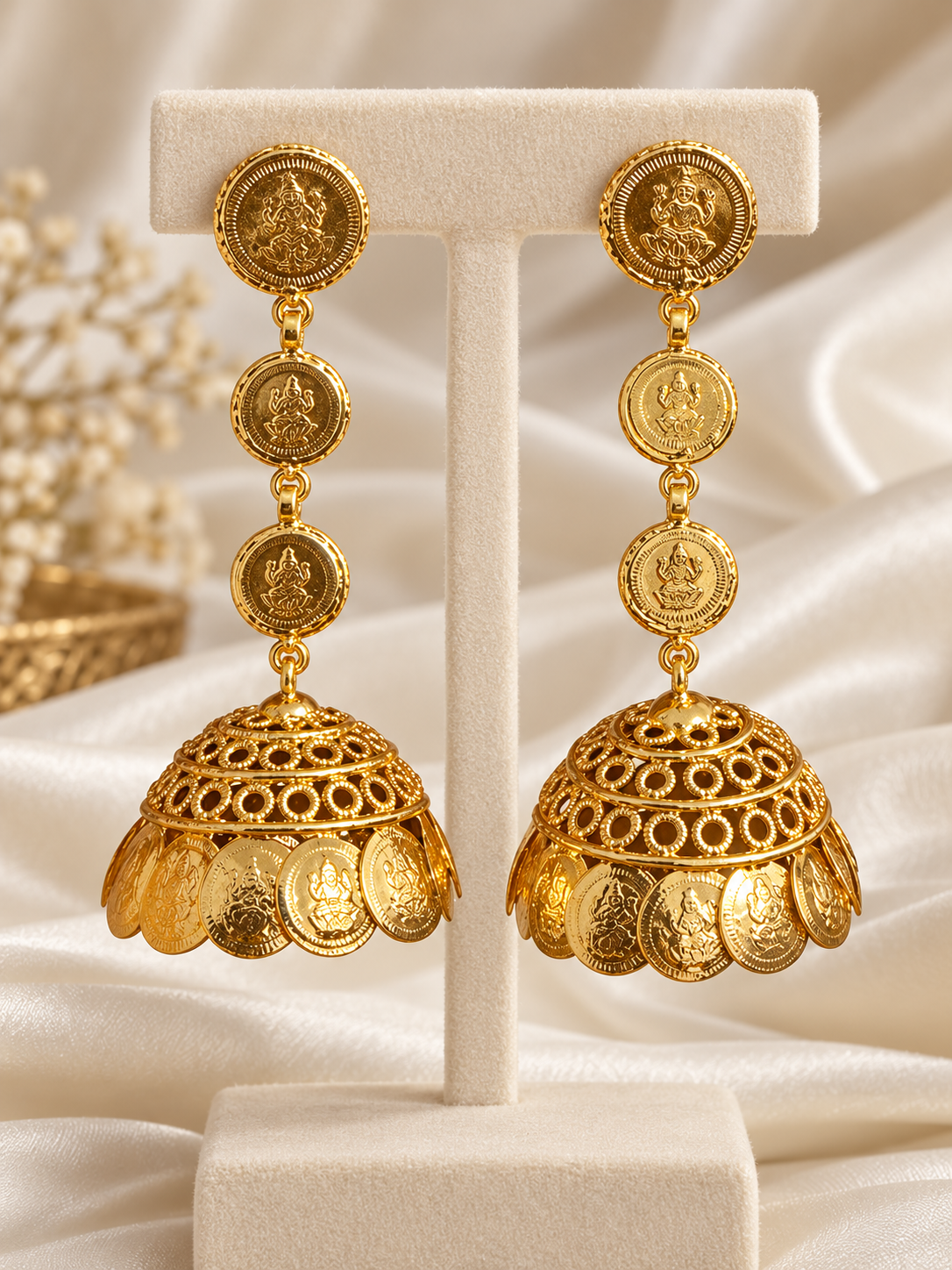 Lakshmika – Lakshmi Coin or Kasu Jhumka Earrings | Gold-Tone Temple Jewellery Australia
