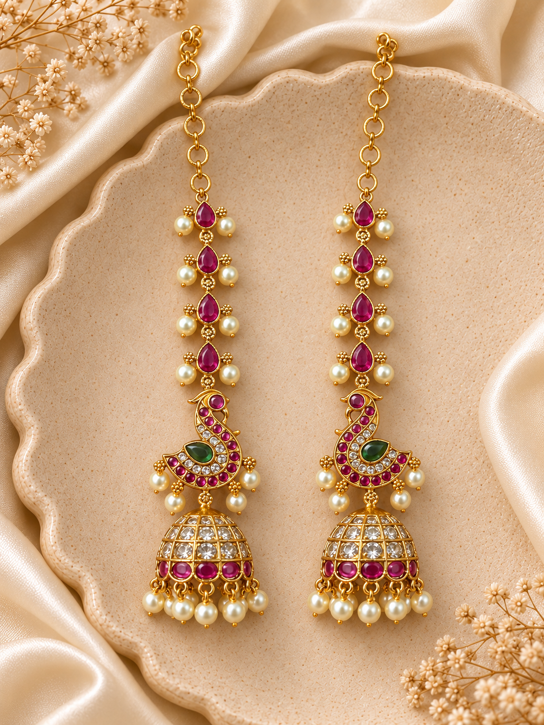 Mayilika – Peacock Jhumka with Mattal | Pearl Drop Indian Earrings