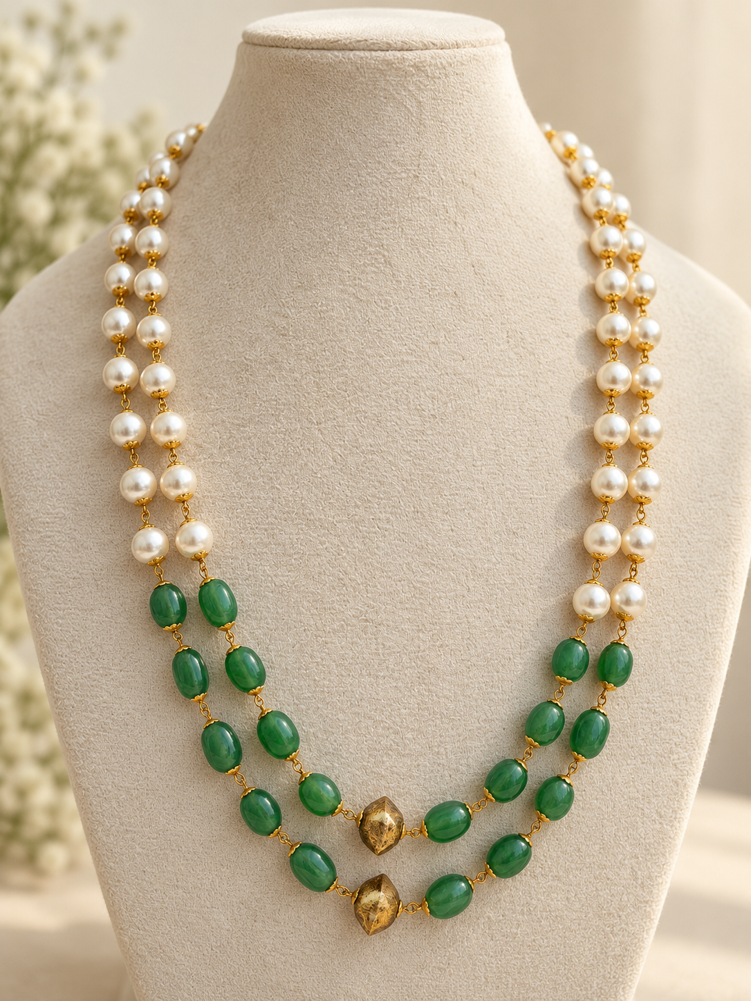 Haritha – Green Bead and Pearl Double Layer Haaram Necklace