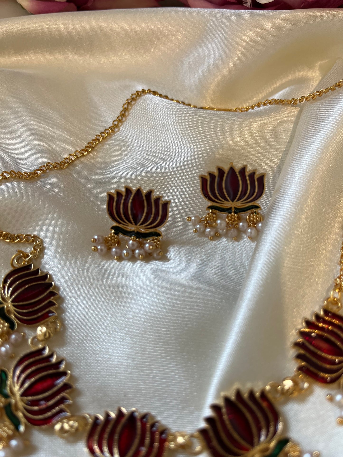 Nalini - Meenakari Lotus Necklace Set | Maroon & Deep Blue Enamel Choker with Pearl Drops | Indian Contemporary Jewellery
