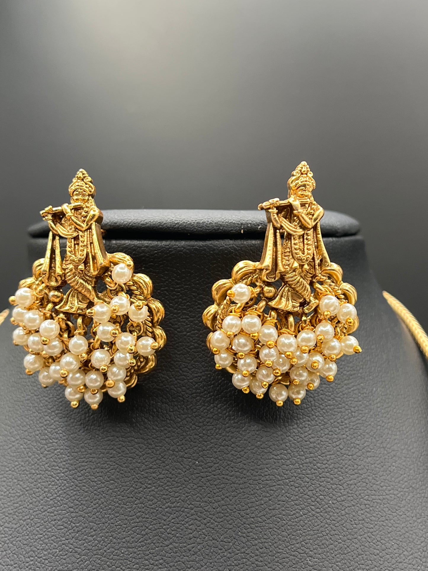 Govinda - Divine Krishna Pearl Cluster Necklace Set with Earrings | Traditional Indian Temple Jewellery