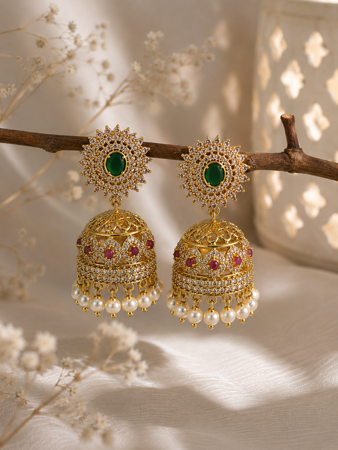 Ishani - Emerald CZ Jhumka Earrings