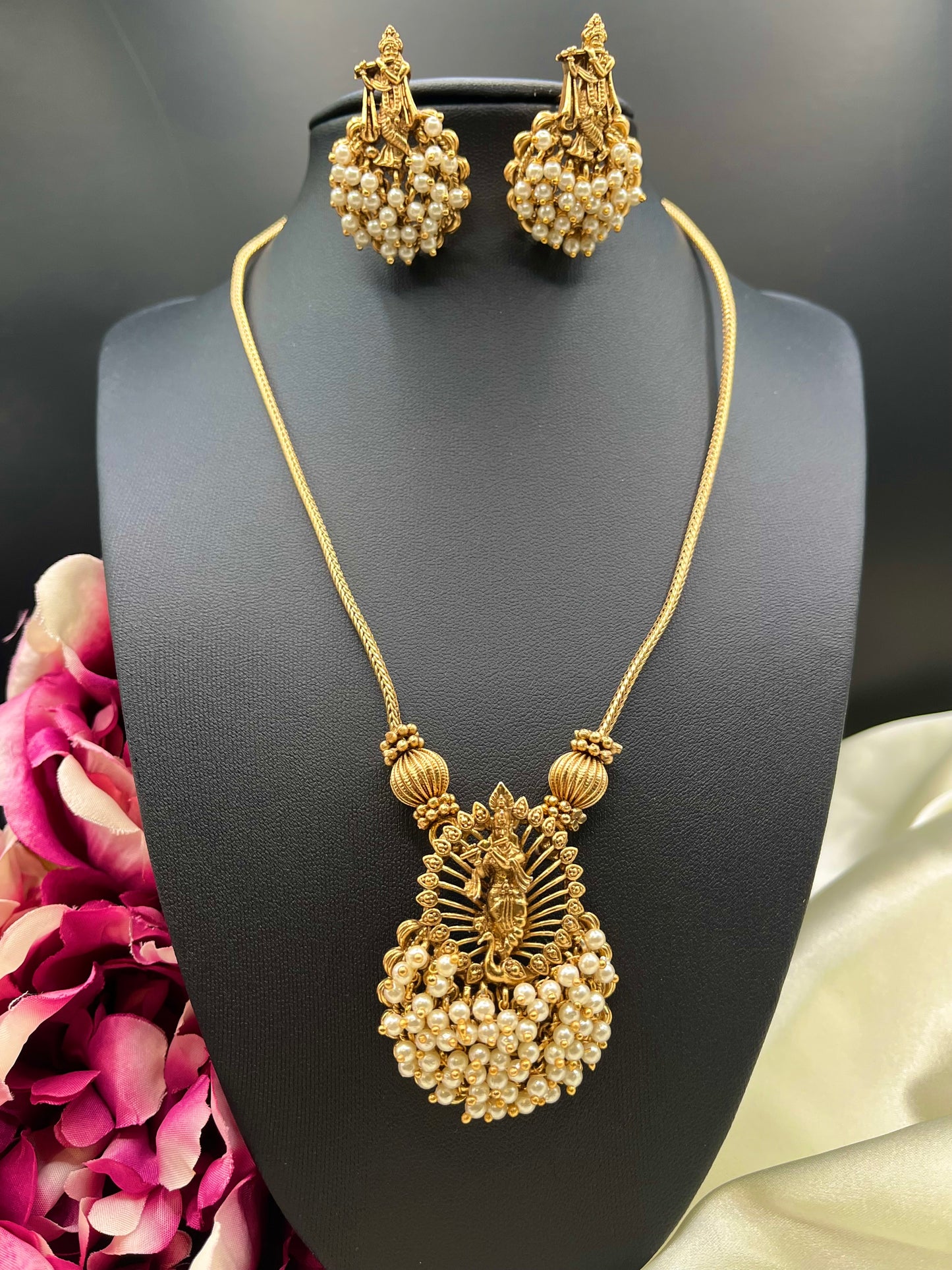 Govinda - Divine Krishna Pearl Cluster Necklace Set with Earrings | Traditional Indian Temple Jewellery