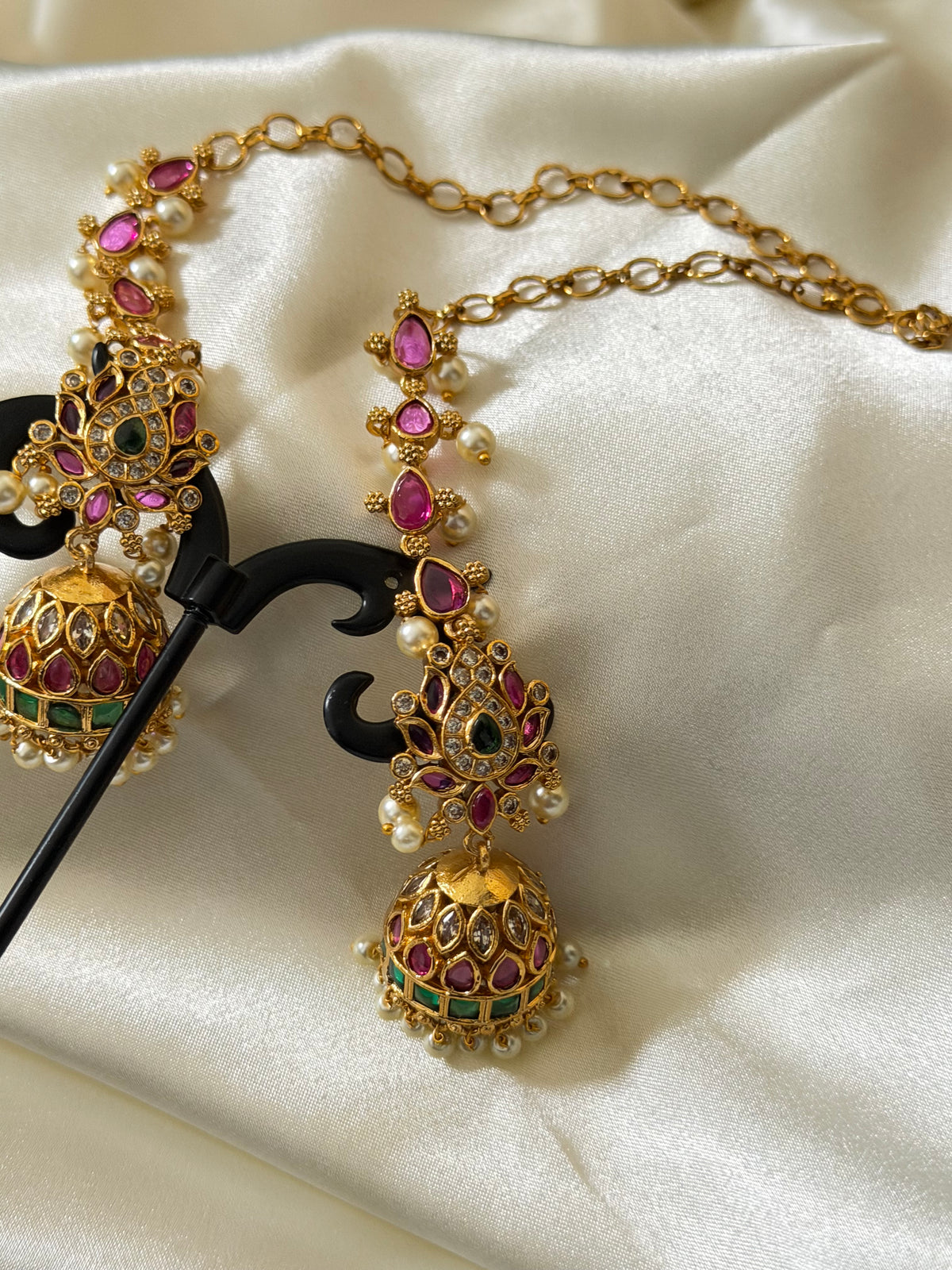 Madhurya Kemp Jhumka Earrings with Mattal Ear Chain – Ruby, Green & Pearl