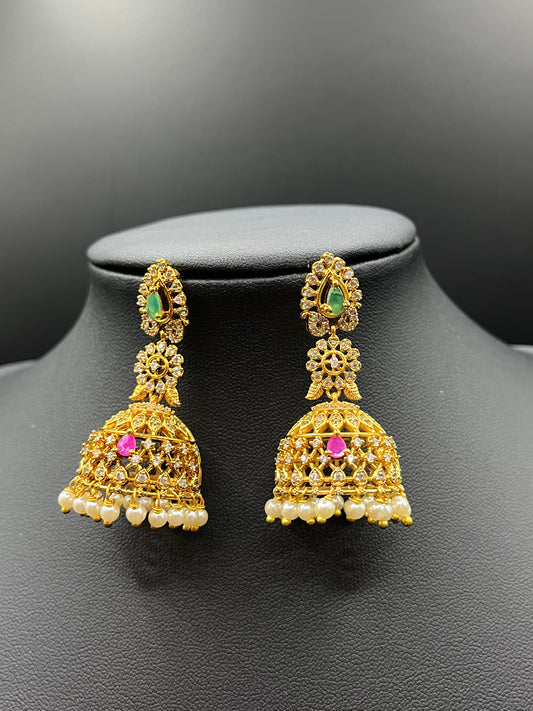 Zaveri -  Traditional Gold Plated Jhumka Earrings - Wedding & Bridal CZ Jhumki