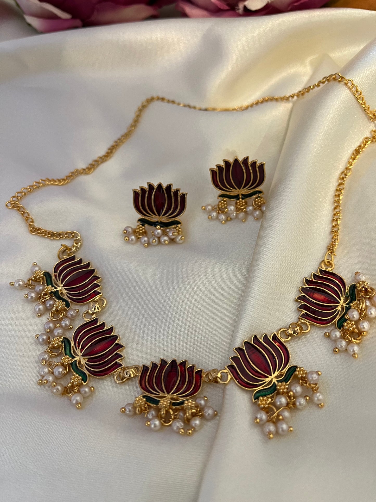 Nalini - Meenakari Lotus Necklace Set | Maroon & Deep Blue Enamel Choker with Pearl Drops | Indian Contemporary Jewellery