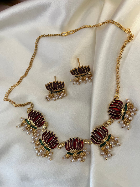 Nalini - Meenakari Lotus Necklace Set | Maroon & Deep Blue Enamel Choker with Pearl Drops | Indian Contemporary Jewellery