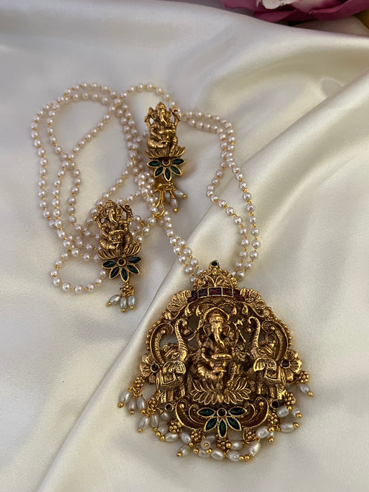 Vighnaharta - Antique Temple Jewellery Set | Lord Ganesha Deity Decoration or Necklace | Pearl Chain & Matching Earrings
