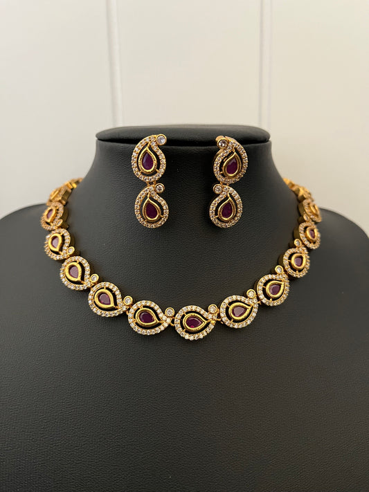 Miya - CZ Gold-Plated Ruby-Colored Paisley Necklace Set with Earrings