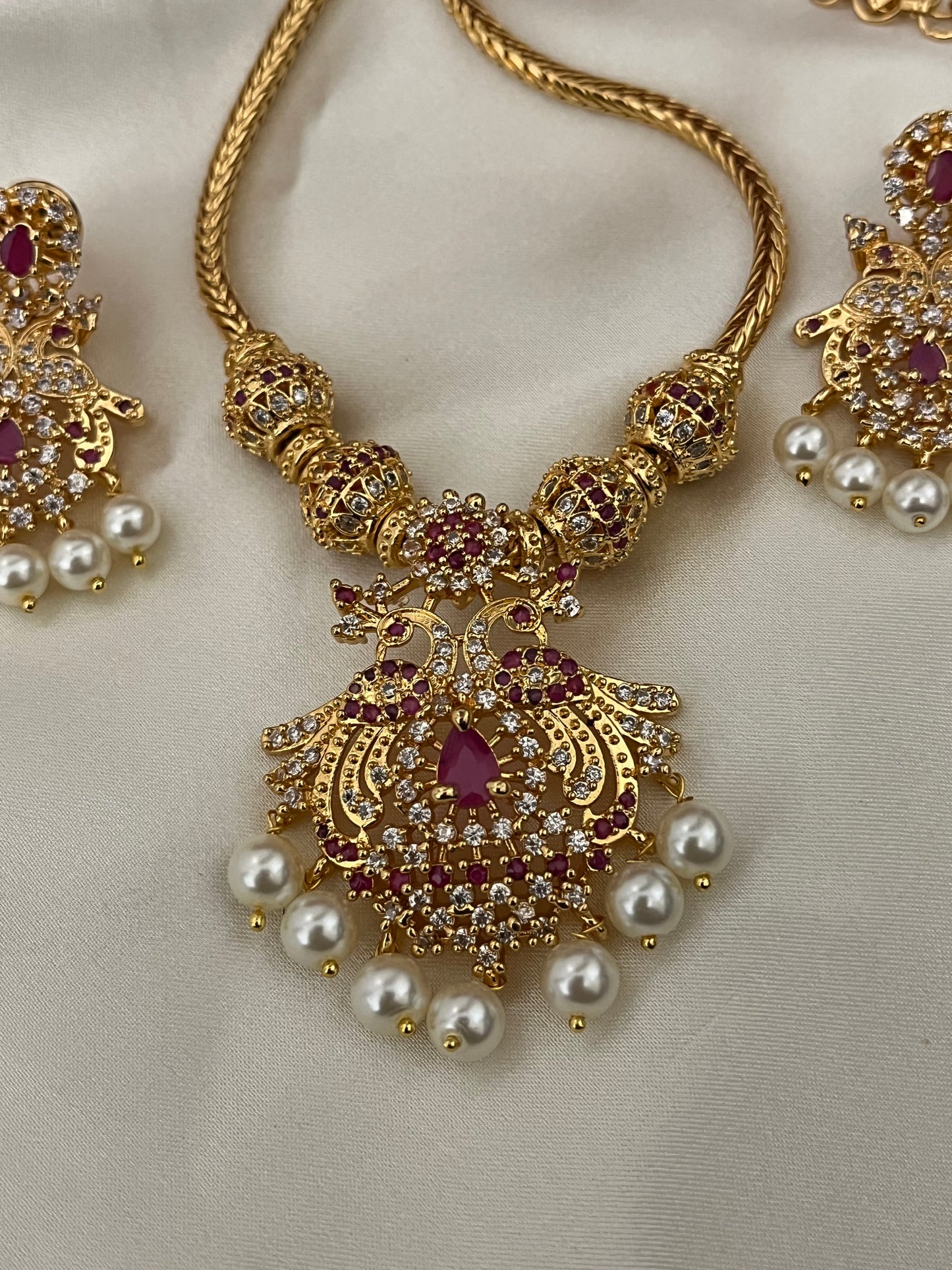 Mayuri - Short Peacock Haaram Set | Micro Gold Plated & CZ Ruby Stones | Real Gold Look Indian Wedding Choker