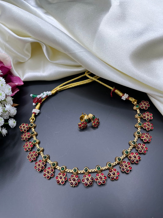 Mira - Ruby Blossom Necklace Set – Traditional Gold-Plated Necklace with Red & Green accents and Matching Earrings