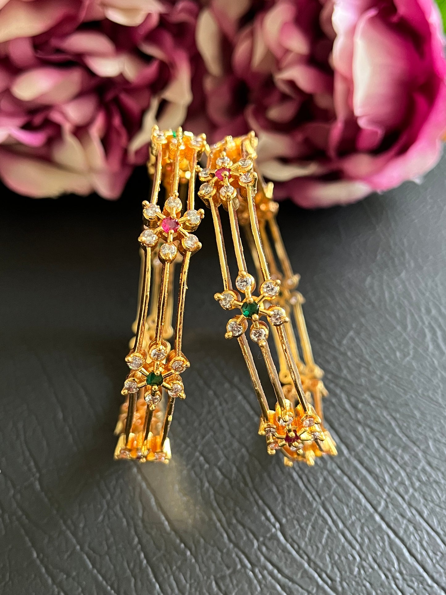 Anaya - Floral CZ Gold Bangles (Pair)