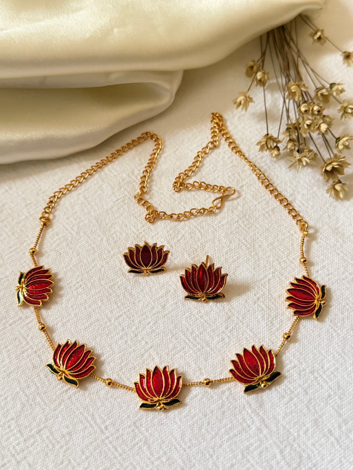Kumudini - Enamel simple Lotus Necklace Set – Maroon & Green | Indian Jewellery Australia