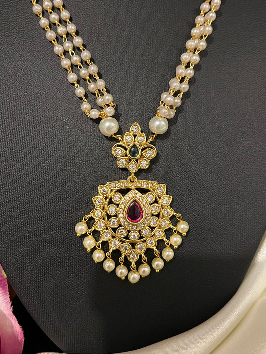 Amara - Gold Plated 3 Layer Pearl & Ruby Stone Necklace Set with Earrings