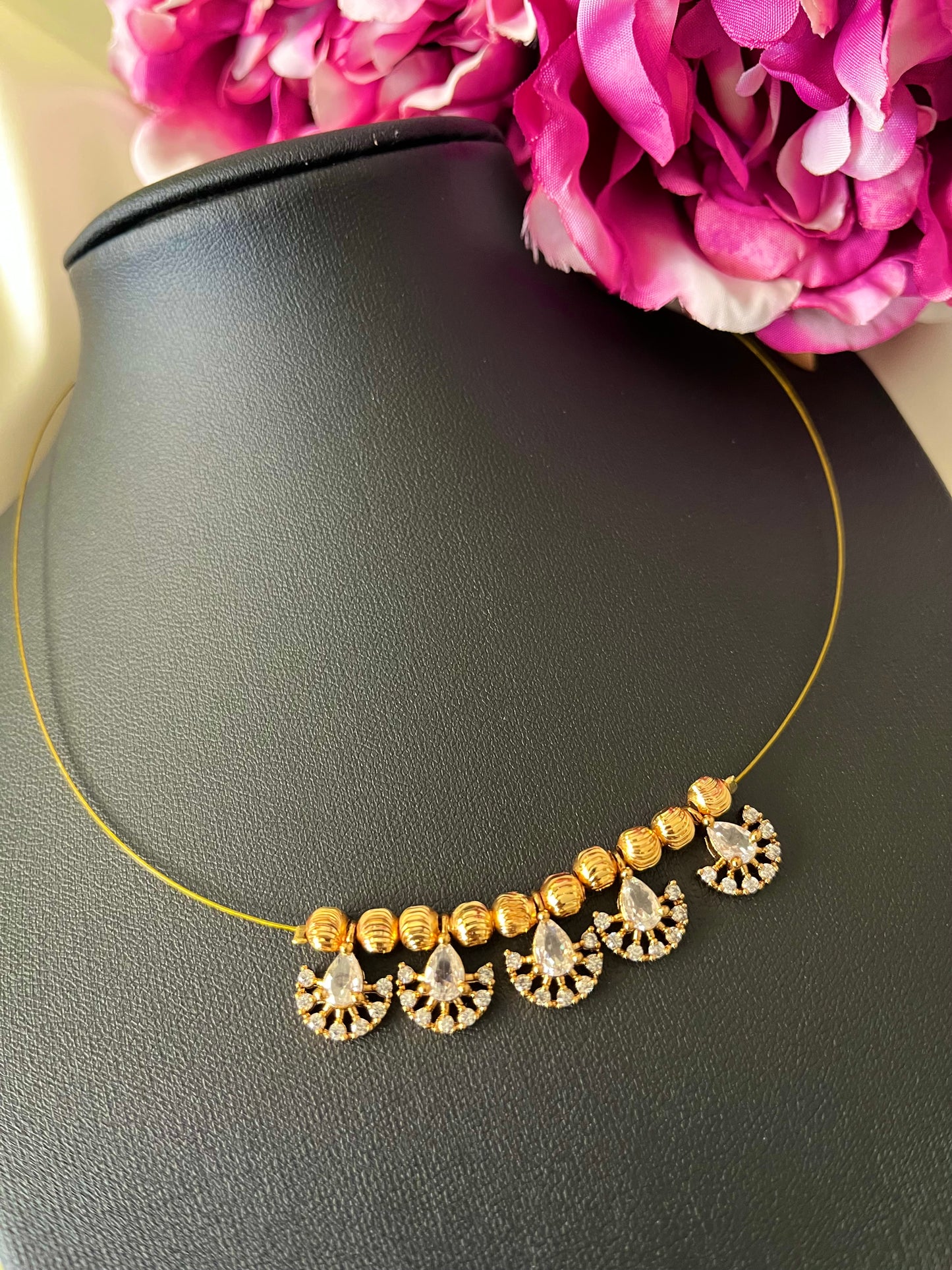 Whisperer - Minimalist Gold-Tone Wire Invisible Necklace with CZ & Bead Charm