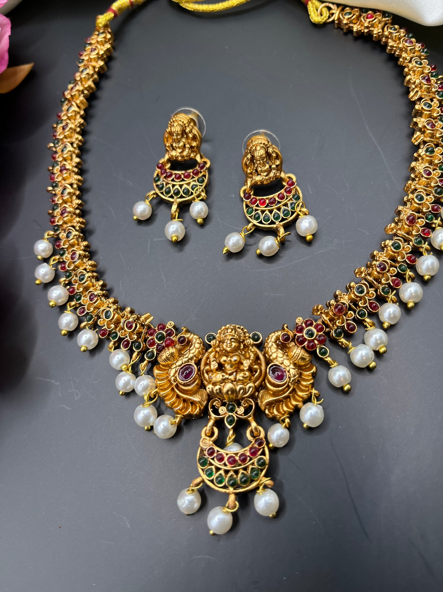 Devasena - Temple Jewelry Necklace Set | Matt Gold Lakshmi Choker with Pearls