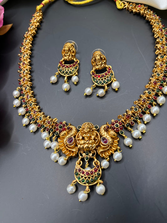 Devasena - Temple Jewelry Necklace Set | Matt Gold Lakshmi Choker with Pearls
