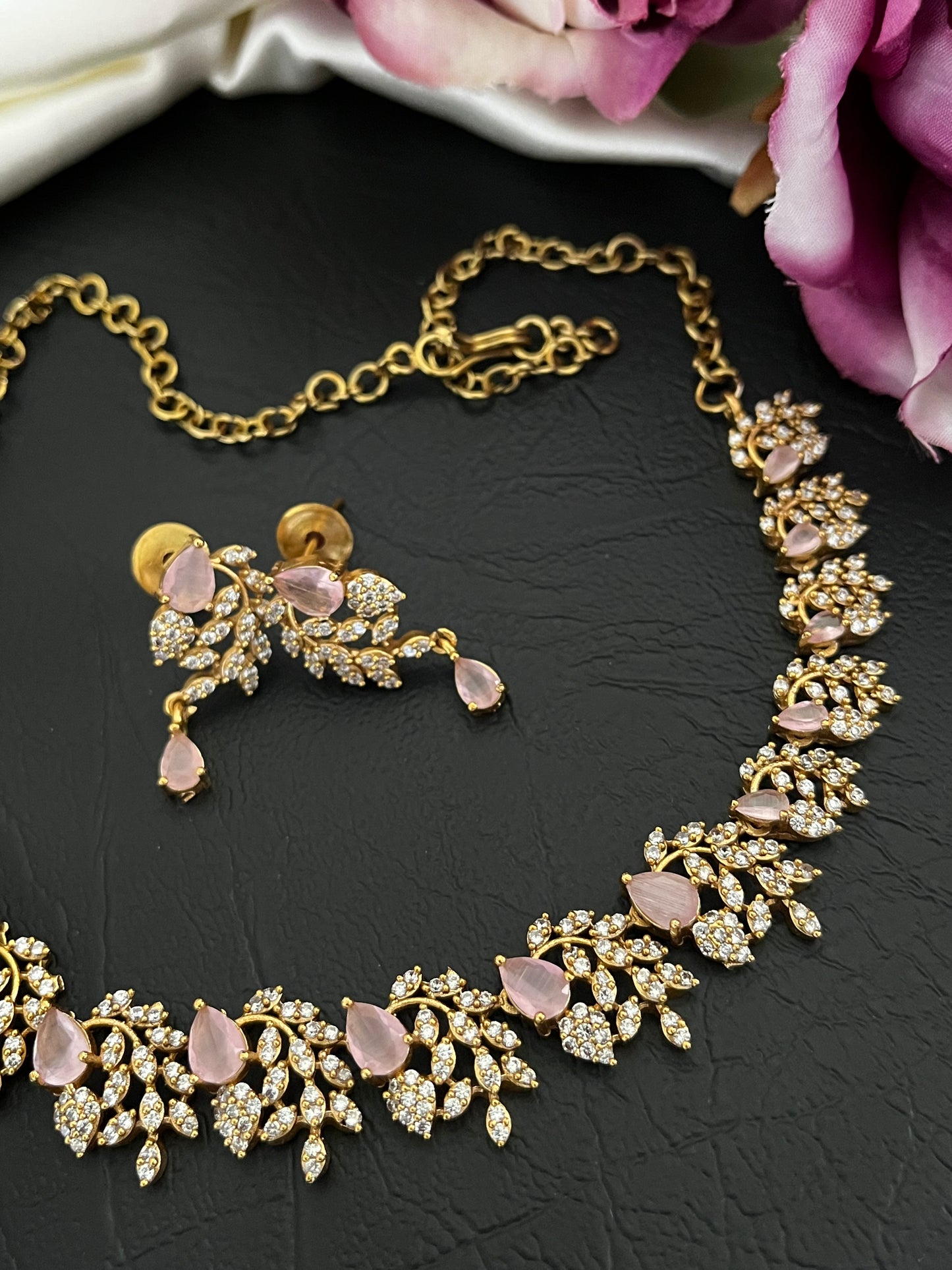 Liora - CZ Leaf Necklace Set
