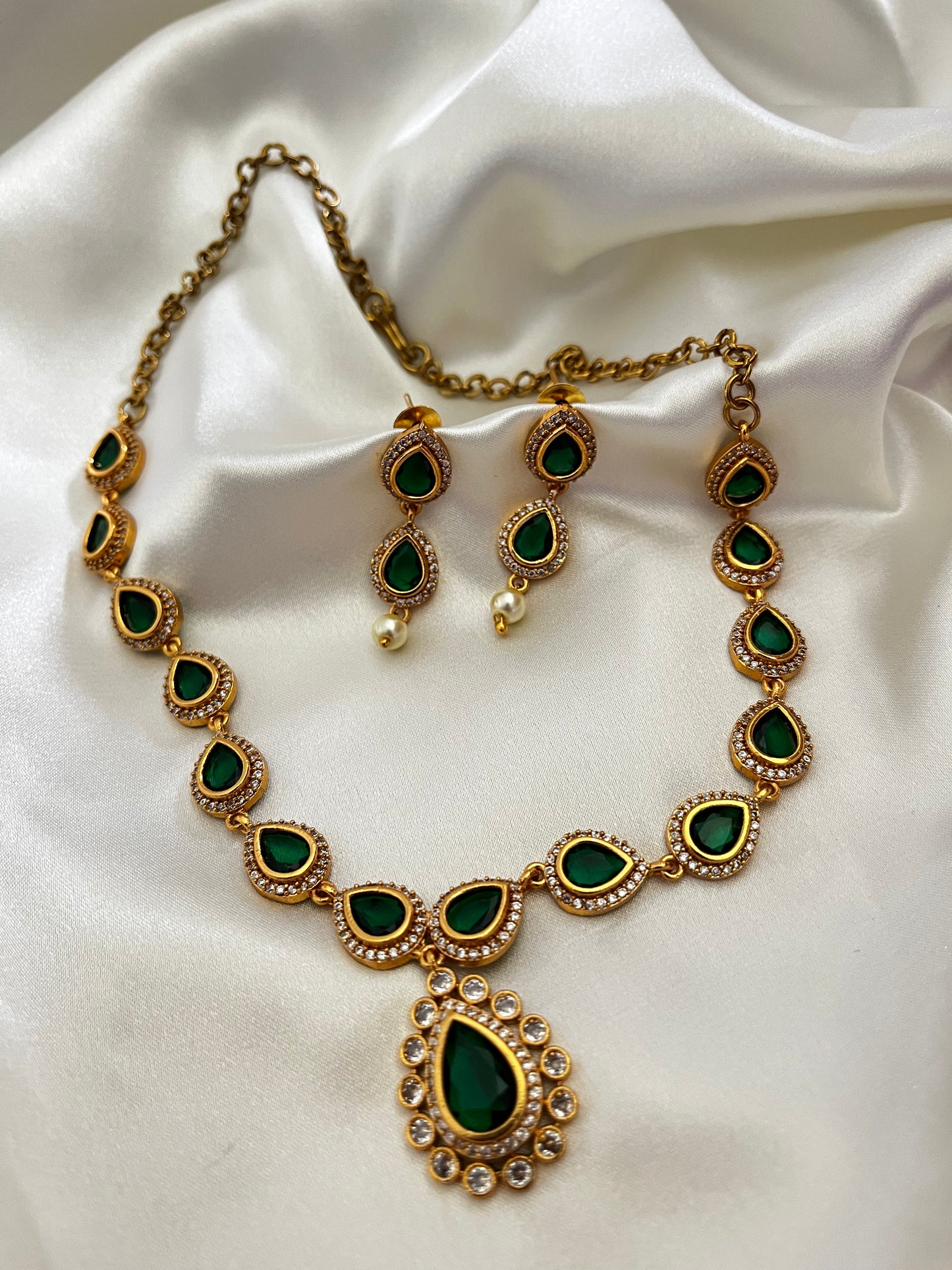 Surya - Jyothika Inspired Gold-Tone Necklace with Green CZ Stones V1