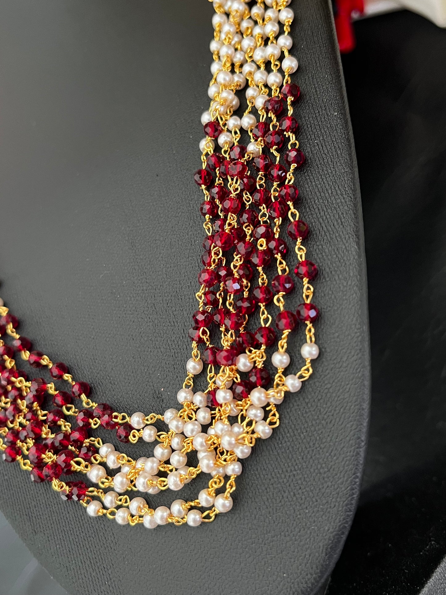 Madhurima – Burgundy Crystal & Pearl Multi-Layer Necklace