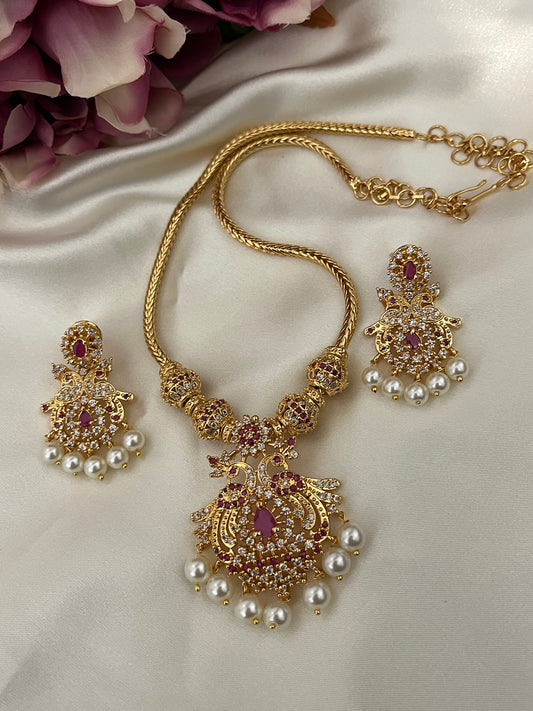 Mayuri - Short Peacock Haaram Set | Micro Gold Plated & CZ Ruby Stones | Real Gold Look Indian Wedding Choker