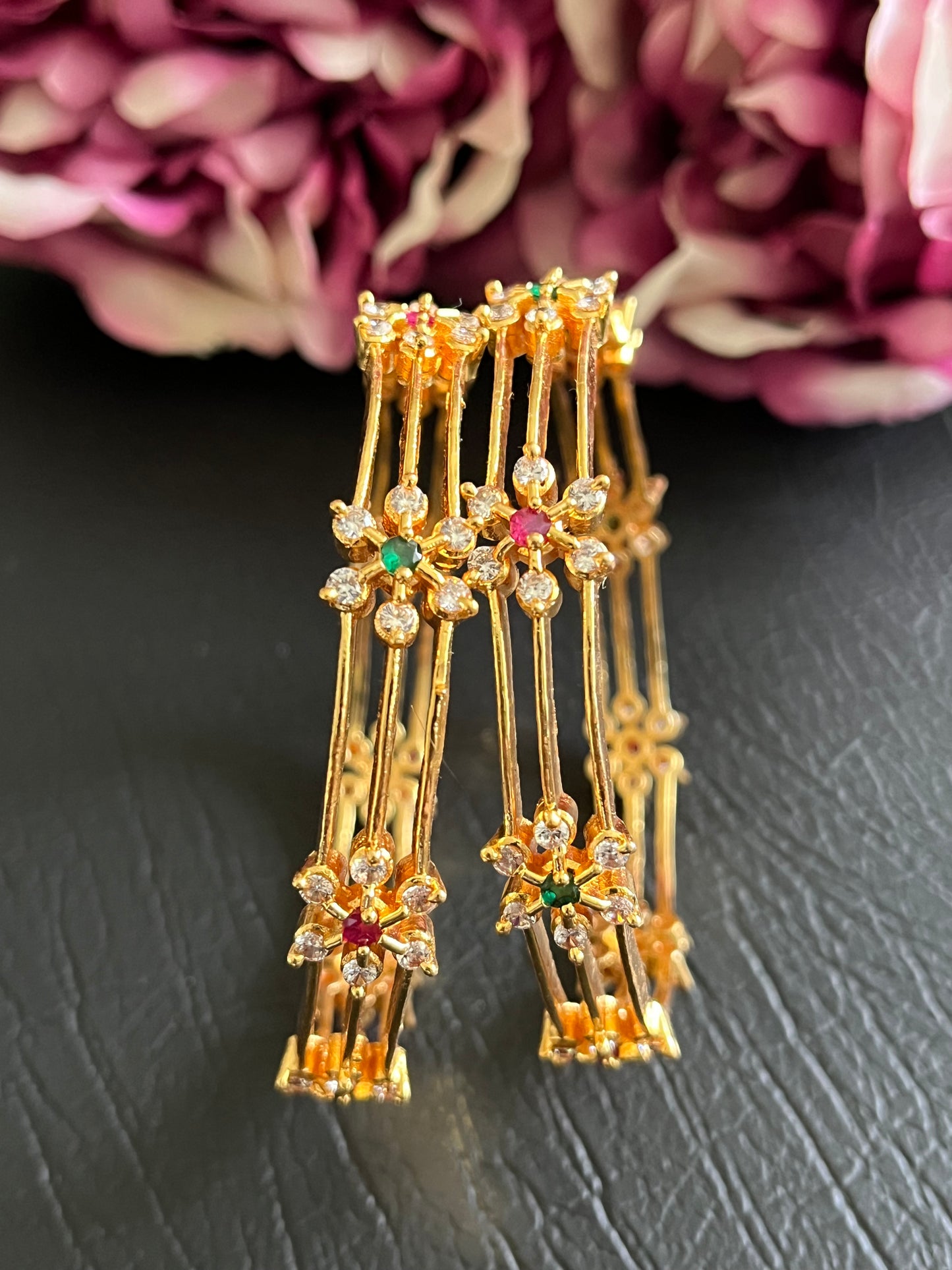 Anaya - Floral CZ Gold Bangles (Pair)