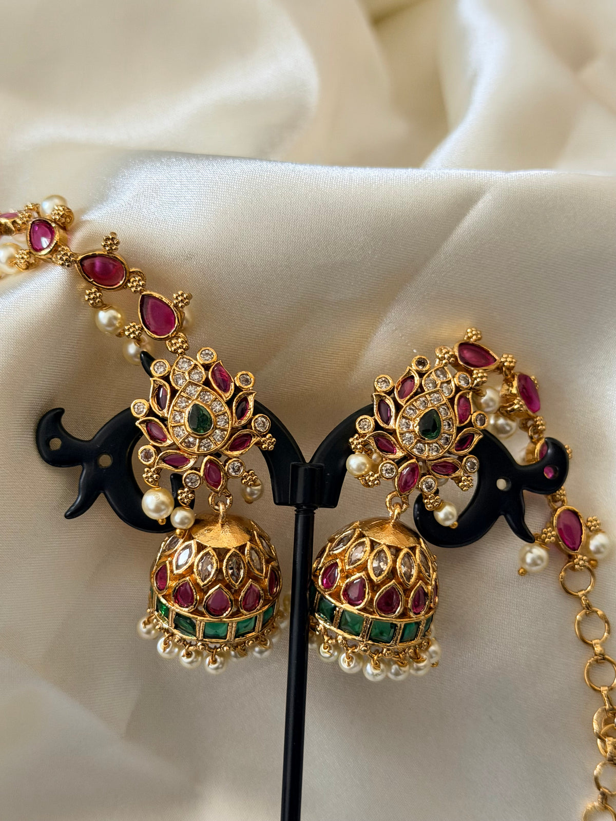 Madhurya Kemp Jhumka Earrings with Mattal Ear Chain – Ruby, Green & Pearl