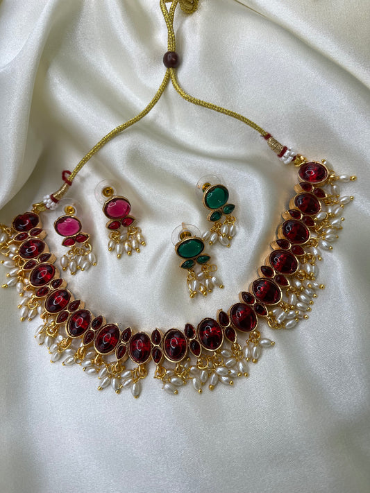 Aaradhya - Reversible Green & Maroon Kundan Pearl Necklace Set | Elegant Dual-Sided Indian Jewellery
