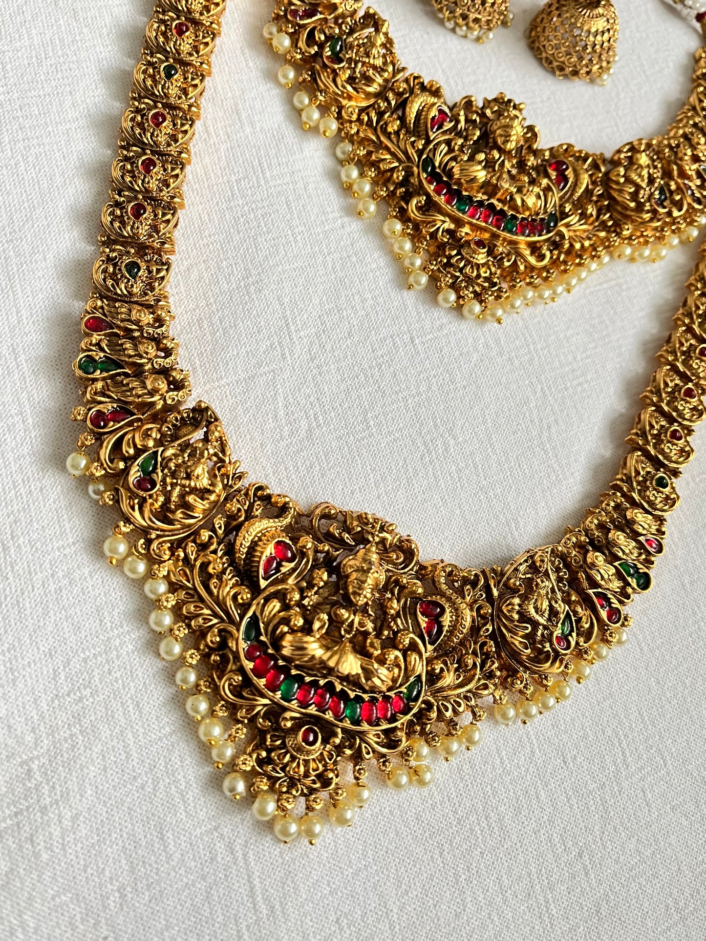 Padmavati Royal Lakshmi Temple Jewellery Set – Antique Gold Bridal Necklace haaram, Choker & Jhumkas