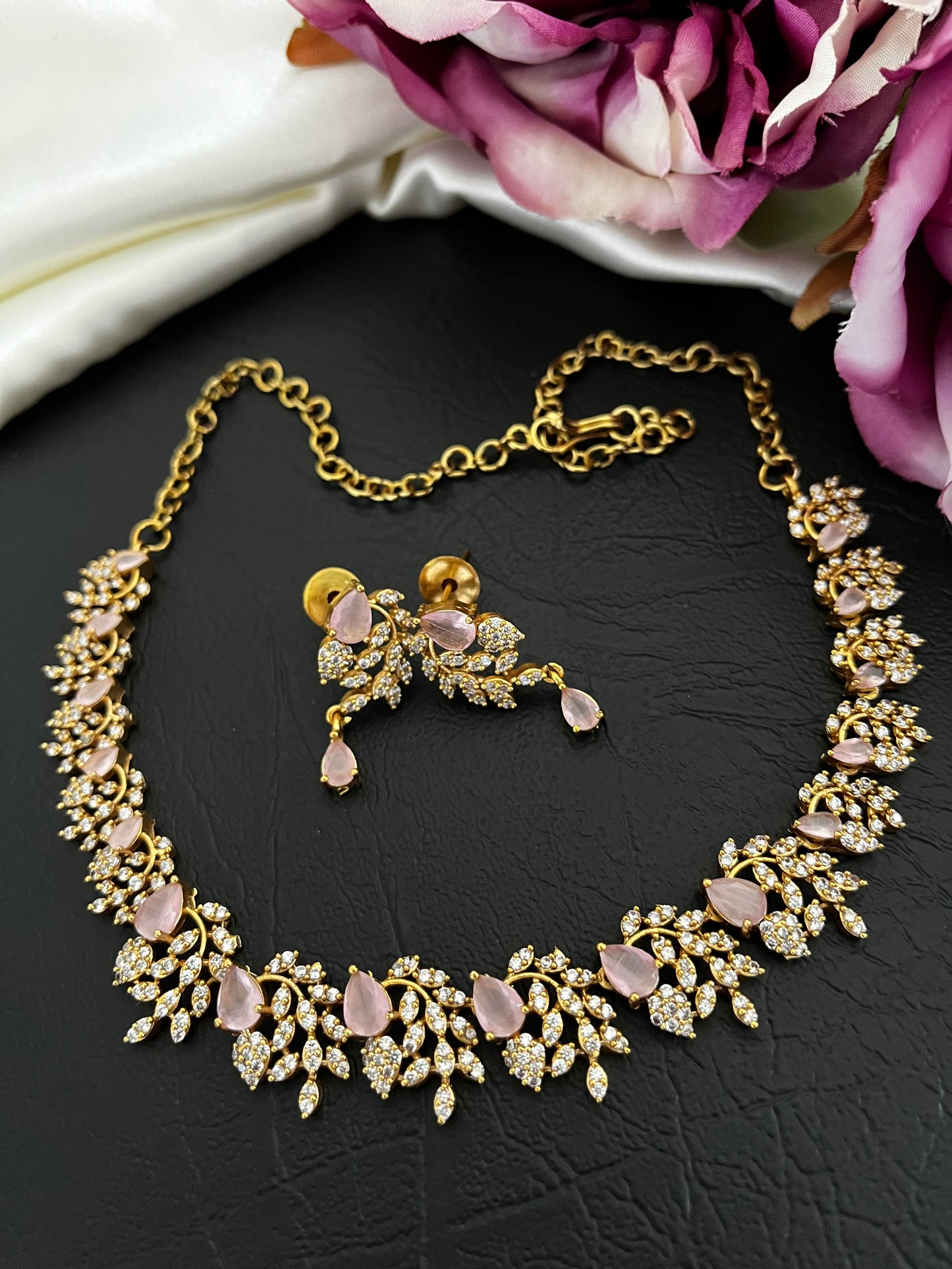 Liora - CZ Leaf Necklace Set