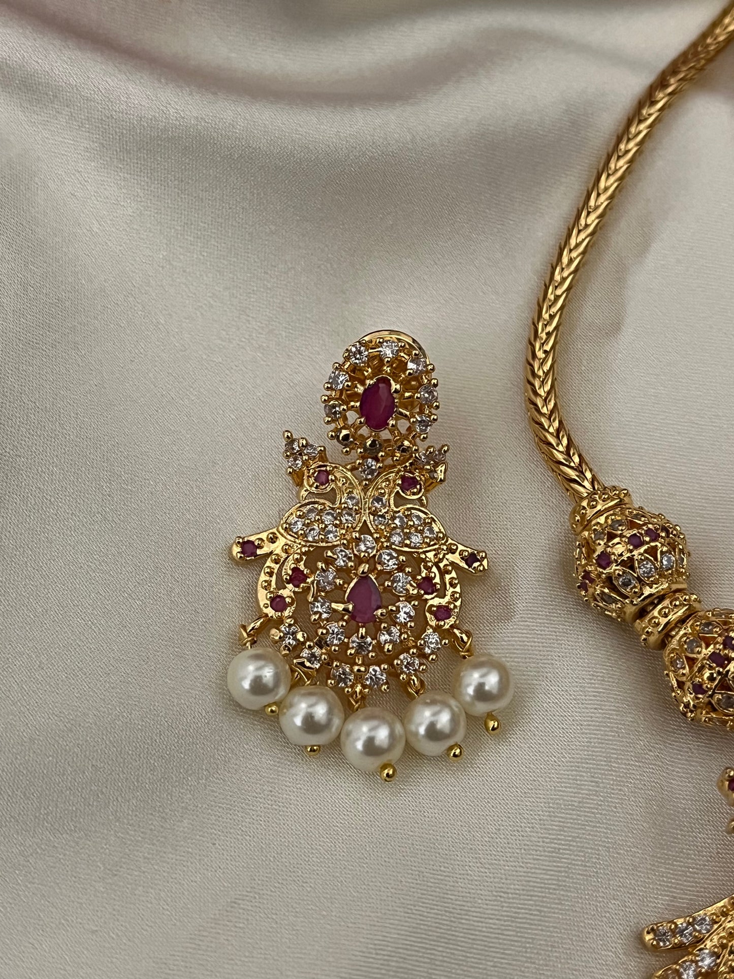 Mayuri - Short Peacock Haaram Set | Micro Gold Plated & CZ Ruby Stones | Real Gold Look Indian Wedding Choker
