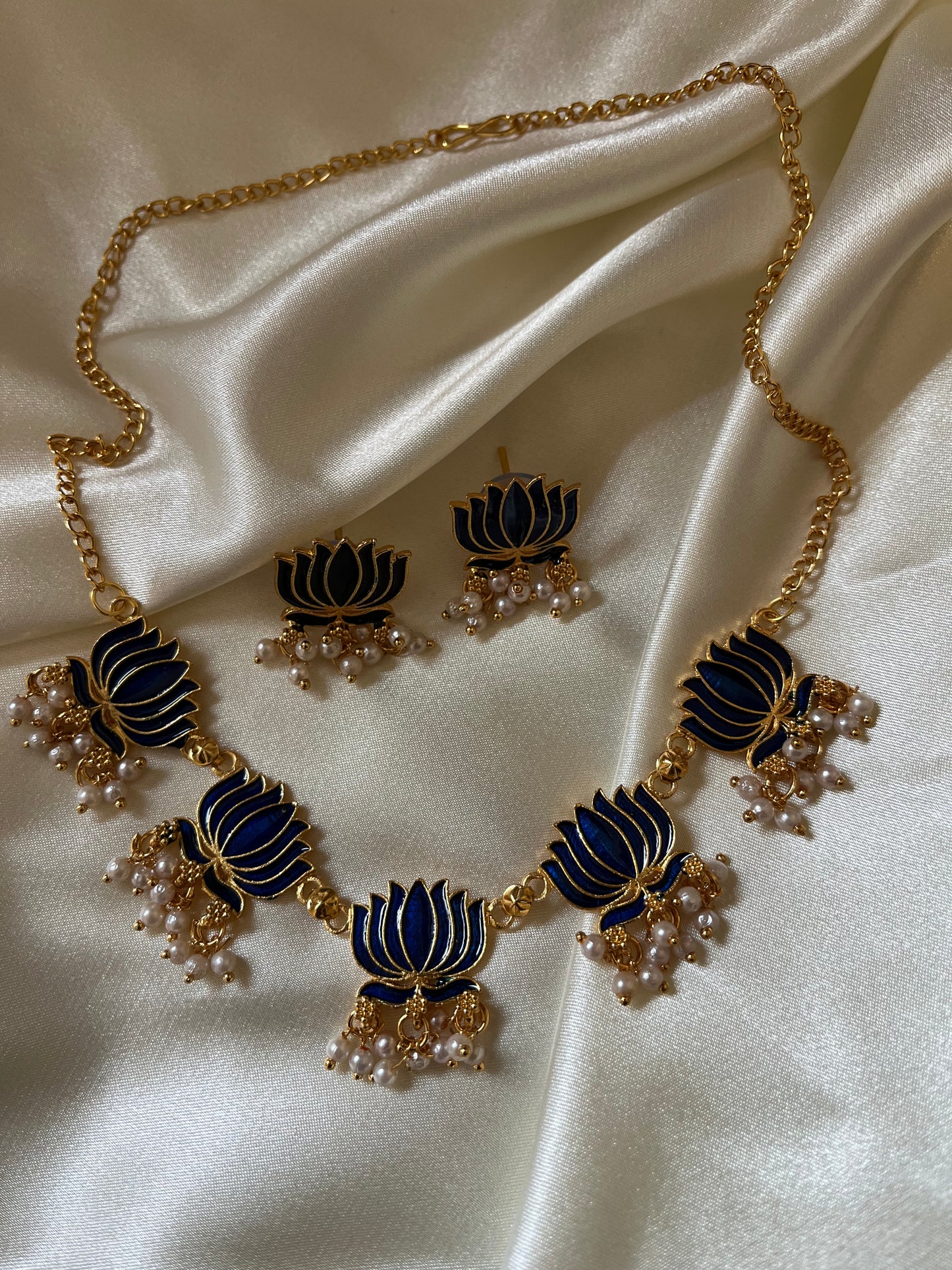 Nalini - Meenakari Lotus Necklace Set | Maroon & Deep Blue Enamel Choker with Pearl Drops | Indian Contemporary Jewellery