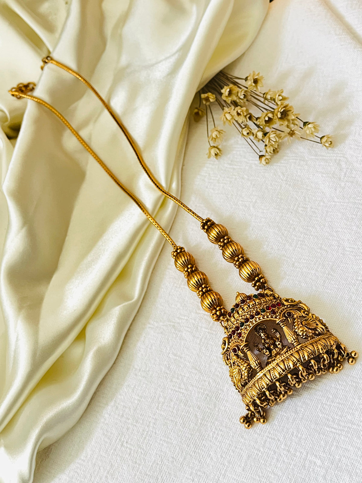 Vaidehi Antique Gold Temple Short Haaram Necklace | Lakshmi Pendant Jewellery